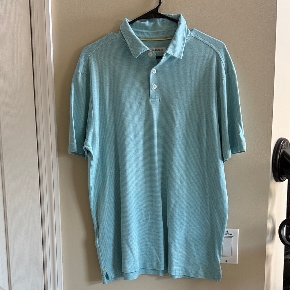 Tommy Bahama Aqua and White Striped Polo Shirt